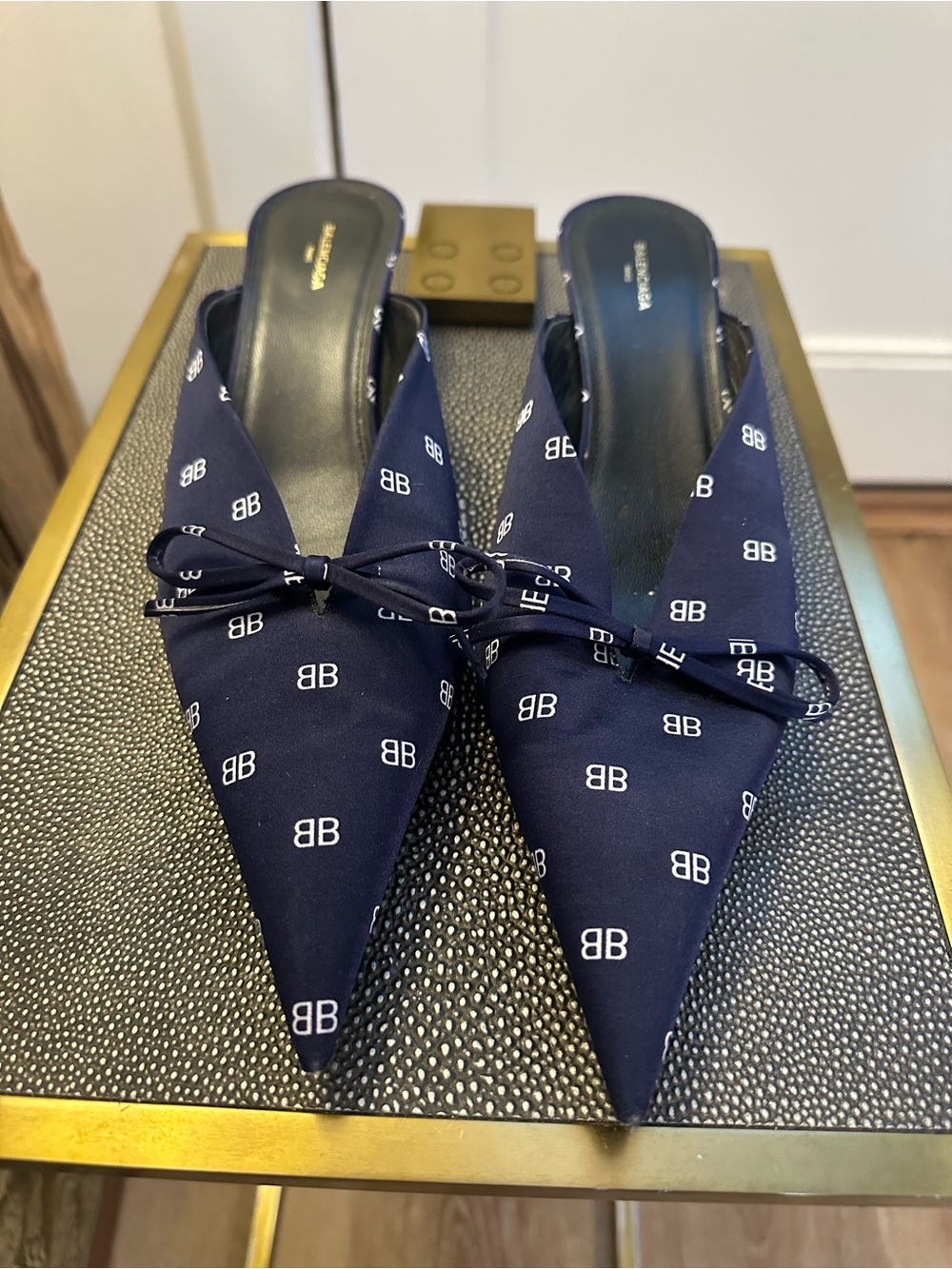 Balenciaga Navy BB Logo Pointed Toe Slip-On Mules